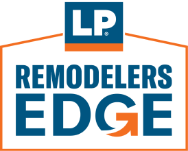 Remodelers Edge text in a house shape with LP at the peak, part of the G in edge is an arrow.