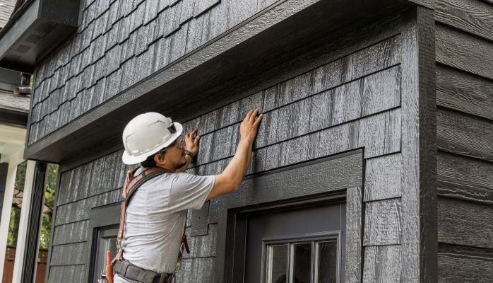 A worker in a hard hat inspecting black shingles applied to the exterior wall of a house.